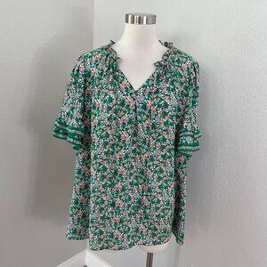 Max Studio Womens Plus 3X Green Floral Ruffle Sleeve Blouse Short Sleeve Top